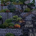 Serene Garden Landscape With Stone Steps Walls Trees Bushes And Waterfall Lighting