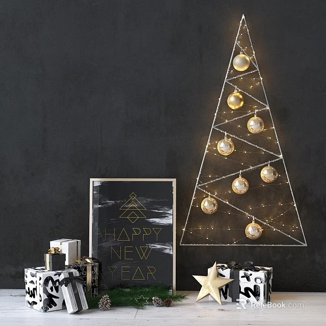 Modern Christmas Decoration Combination with Geometric Tree Golden Ornaments New Year Sign and Gift Boxes 3d model 