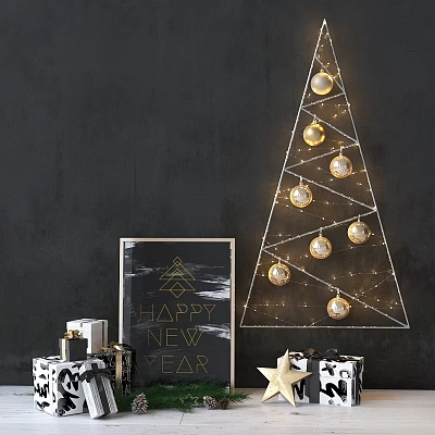 Modern Christmas Decoration Combination with Geometric Tree Golden Ornaments New Year Sign and Gift Boxes 3d model