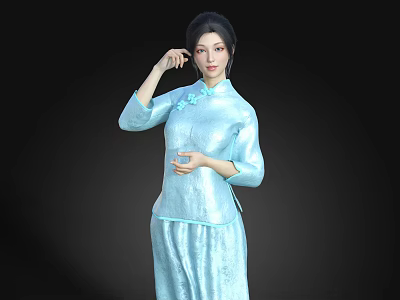 Light Blue Cheongsam Woman With Mandarin Collar Frog Buttons And Updo Hairstyle 3d model