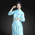 Light Blue Cheongsam Woman With Mandarin Collar Frog Buttons And Updo Hairstyle