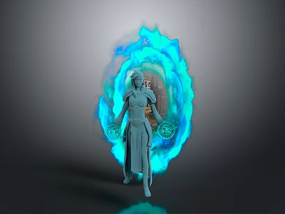 Female Mystical Robed Mage Summoning Blue Glowing Energy Creature With Magical Orbs 3d model