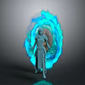 Female Mystical Robed Mage Summoning Blue Glowing Energy Creature With Magical Orbs