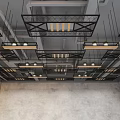 Modern Industrial Ceiling Design With Black Metal Frames Wooden Slats And Hanging Lights