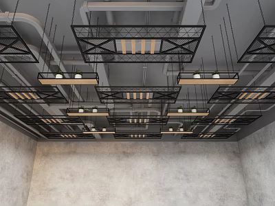 Modern Industrial Ceiling Design With Black Metal Frames Wooden Slats And Hanging Lights 3d model