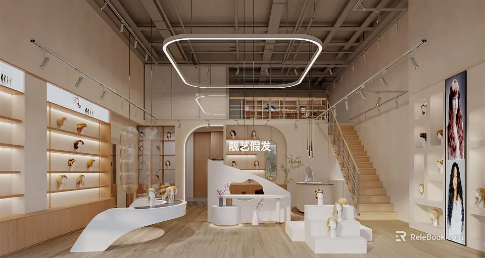 Modern Beauty Hair Salon Interior With Display Shelves White Counters Staircase And Lighting 3d model 