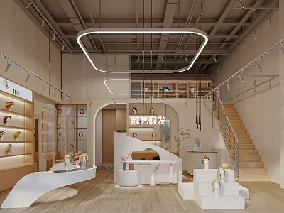 Modern Beauty Hair Salon Interior With Display Shelves White Counters Staircase And Lighting 3d model