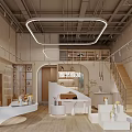 Modern Beauty Hair Salon Interior With Display Shelves White Counters Staircase And Lighting