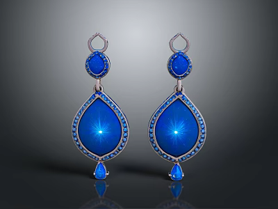Elegant Blue Gemstone Teardrop Earrings With Diamond Inlaid Silver Setting 3d model