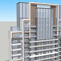 Tall Modern High Rise Building With Multiple Floors And Windows Against Blue Sky
