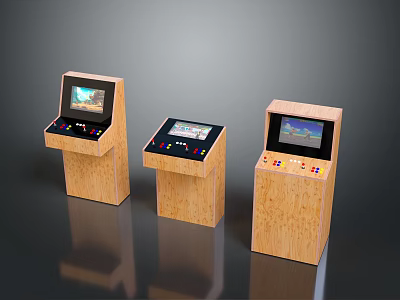 Retro Style Three Wooden Arcade Machines With Screens And Control Panels 3d model