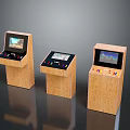 Retro Style Three Wooden Arcade Machines With Screens And Control Panels