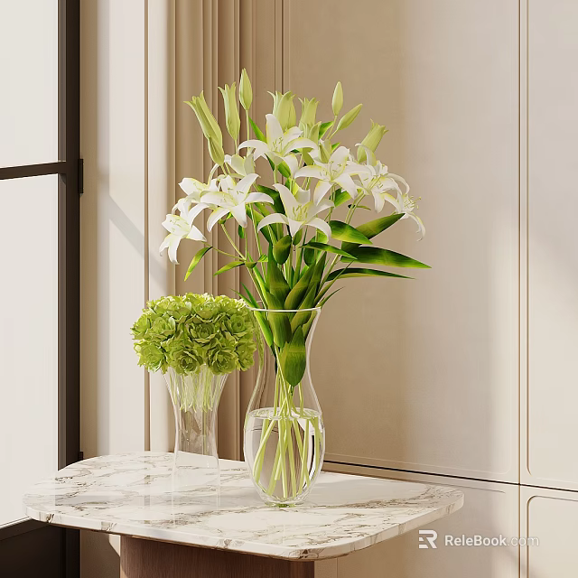 White Lilies and Green Hydrangeas in Transparent Vases on Marble Tabletop with Light Colored Walls 3d model 