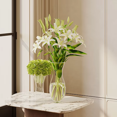 White Lilies and Green Hydrangeas in Transparent Vases on Marble Tabletop with Light Colored Walls 3d model