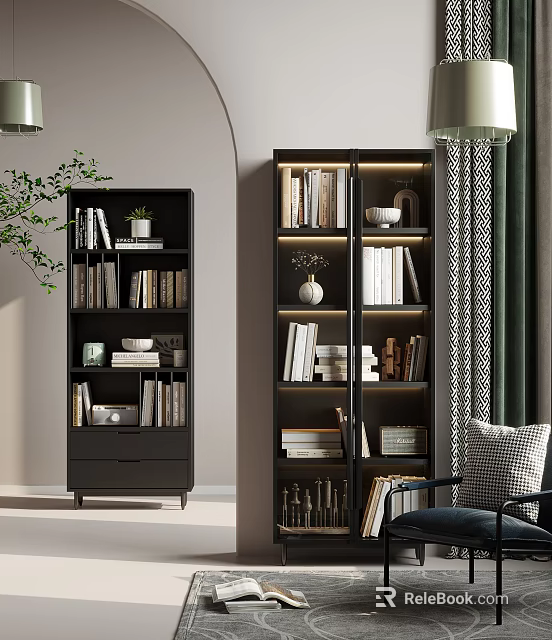 Modern Bookcase With Layered Shelves Books Decorative Items And Ambient Lighting 3d model 
