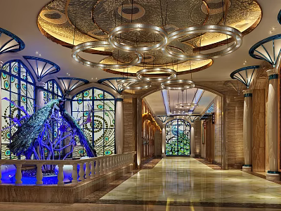 Luxurious Hotel Corridor With Stained Glass Windows Large Chandeliers Marble Flooring And Columns 3d model