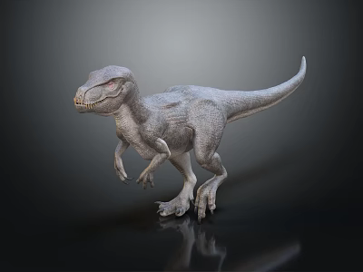 Realistic Velociraptor Dinosaur Figure Standing In Gray Color With Detailed Skin Texture On Dark Background 3d model