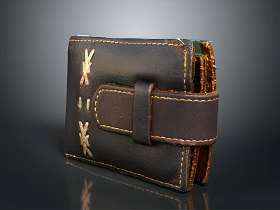 Dark Brown Leather Wallet With Strap Closure And Embroidery Stitching Details 3d model