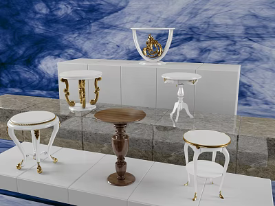 Display of Various Design Round Tables with Decorative Bases and Metal Accents 3d model