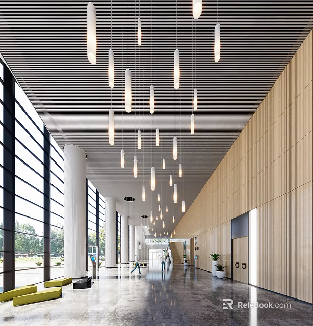 Modern Spacious Front Desk Reception Lobby With Large Glass Windows Wooden Walls And Long Pendant Lights 3d model 