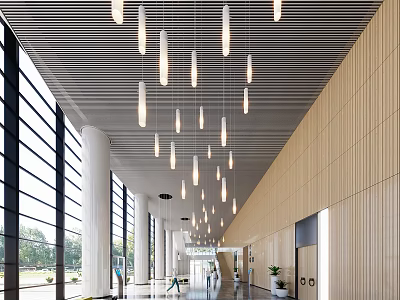 Modern Spacious Front Desk Reception Lobby With Large Glass Windows Wooden Walls And Long Pendant Lights 3d model