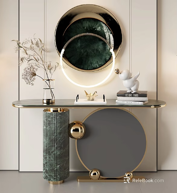 Elegant Console Table With Green Marble Circular Mirror Gold Base Vase And White Sculpture Decor 3d model 