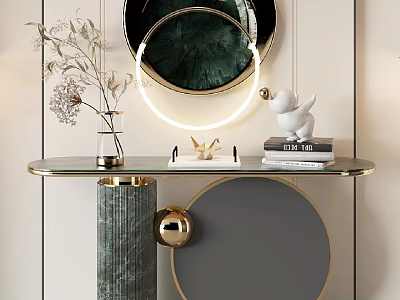 Elegant Console Table With Green Marble Circular Mirror Gold Base Vase And White Sculpture Decor 3d model