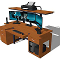 Wooden Office Desk With Dual Monitors Printer Drawers And PC Tower Setup