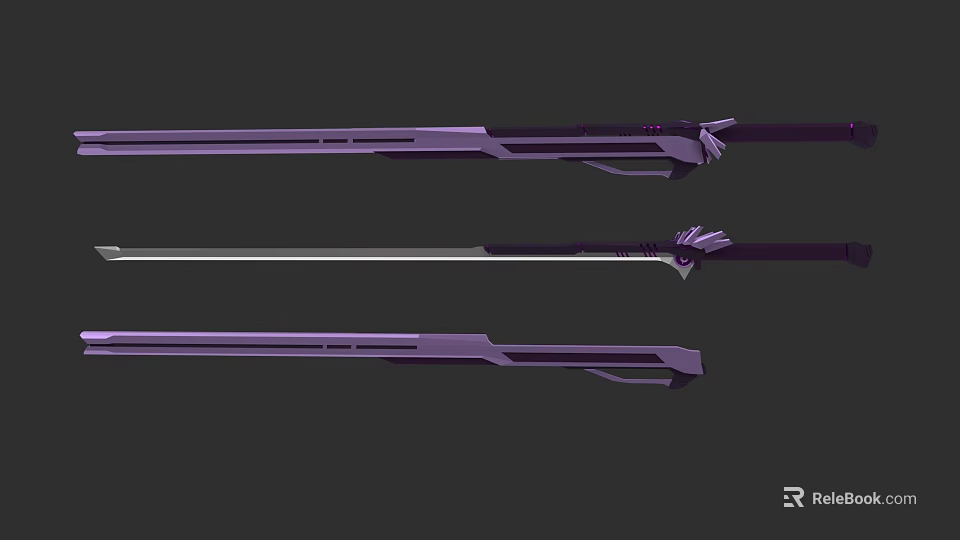 Three Purple Modern Longbow Weapons With Sleek Design And Decorative Tips 3d model 