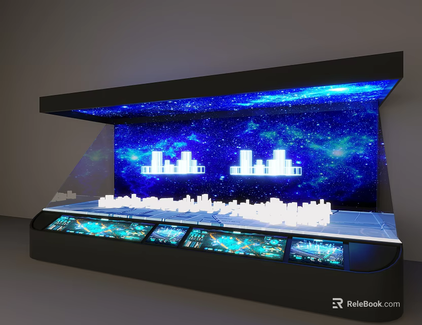 Commercial Display Equipment Featuring Blue Starry Sky Background White City Models And Underneath Screens 3d model 