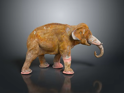 Brown Mottled Elephant Sculpture Featuring Pink Feet Ivory Tusk And Reflection On Gray Background 3d model
