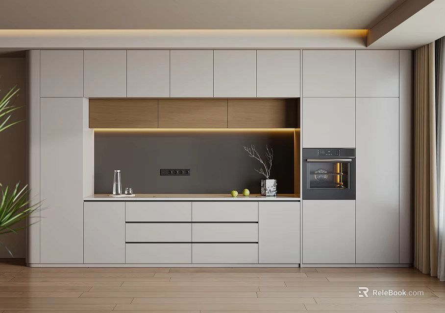 Modern Light Gray Wooden Sideboard with Cabinets Drawers and Top Decorative Lighting Strip 3d model 