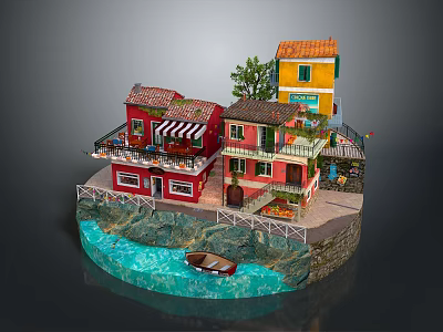 Cartoon Scene With Colorful Houses Balconies Striped Awning Green Plants Waterfront and Small Boat 3d model