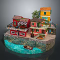 Cartoon Scene With Colorful Houses Balconies Striped Awning Green Plants Waterfront and Small Boat