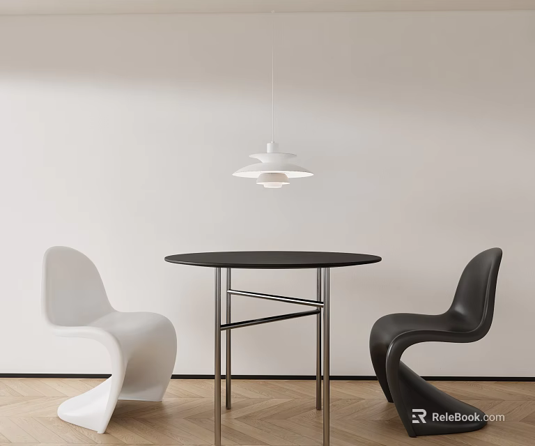 Modern Dining Table Set With Black Round Table White Black Curved Chairs White Pendant Light 3d model 