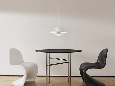 Modern Dining Table Set With Black Round Table White Black Curved Chairs White Pendant Light 3d model