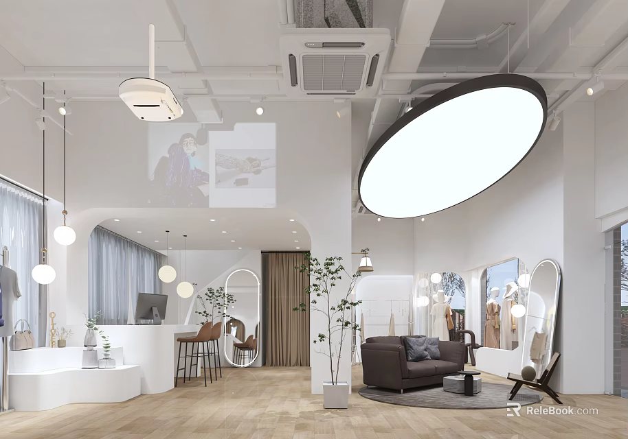 Modern Clothing Store Interior Design With Open Layout Display Racks Sofa Mirrors And Pendant Lights 3d model 