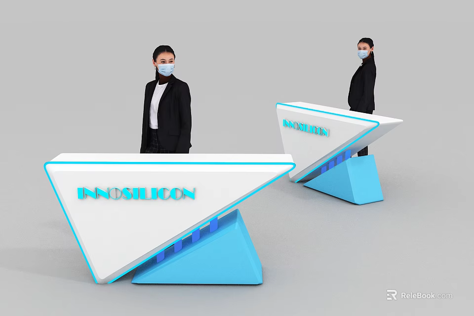 Modern Blue And White Reception Desk With INDUBUILT Logo And Staff Standing 3d model 
