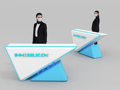 Modern Blue And White Reception Desk With INDUBUILT Logo And Staff Standing 3d model