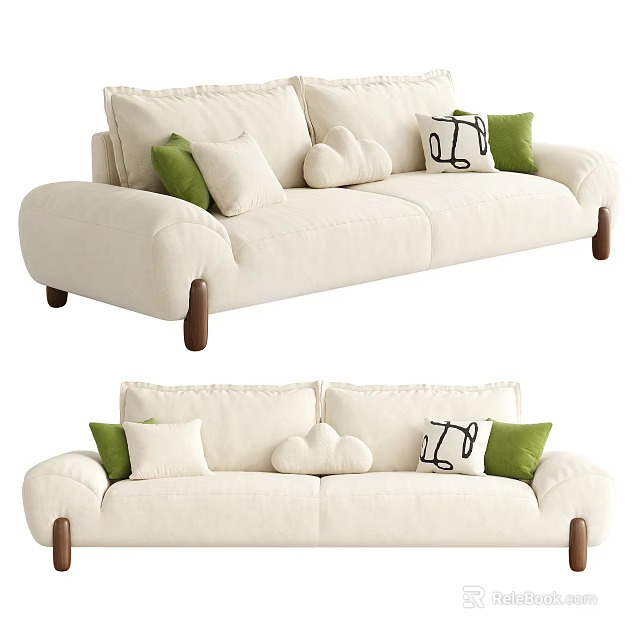 Beige Fabric Two-Seater Sofa With Green And Cloud Shaped Cushions Wooden Legs 3d model 