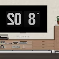 Modern Wooden TV Stand with TV Drawers Open Shelves Floor Lamp and Potted Plant