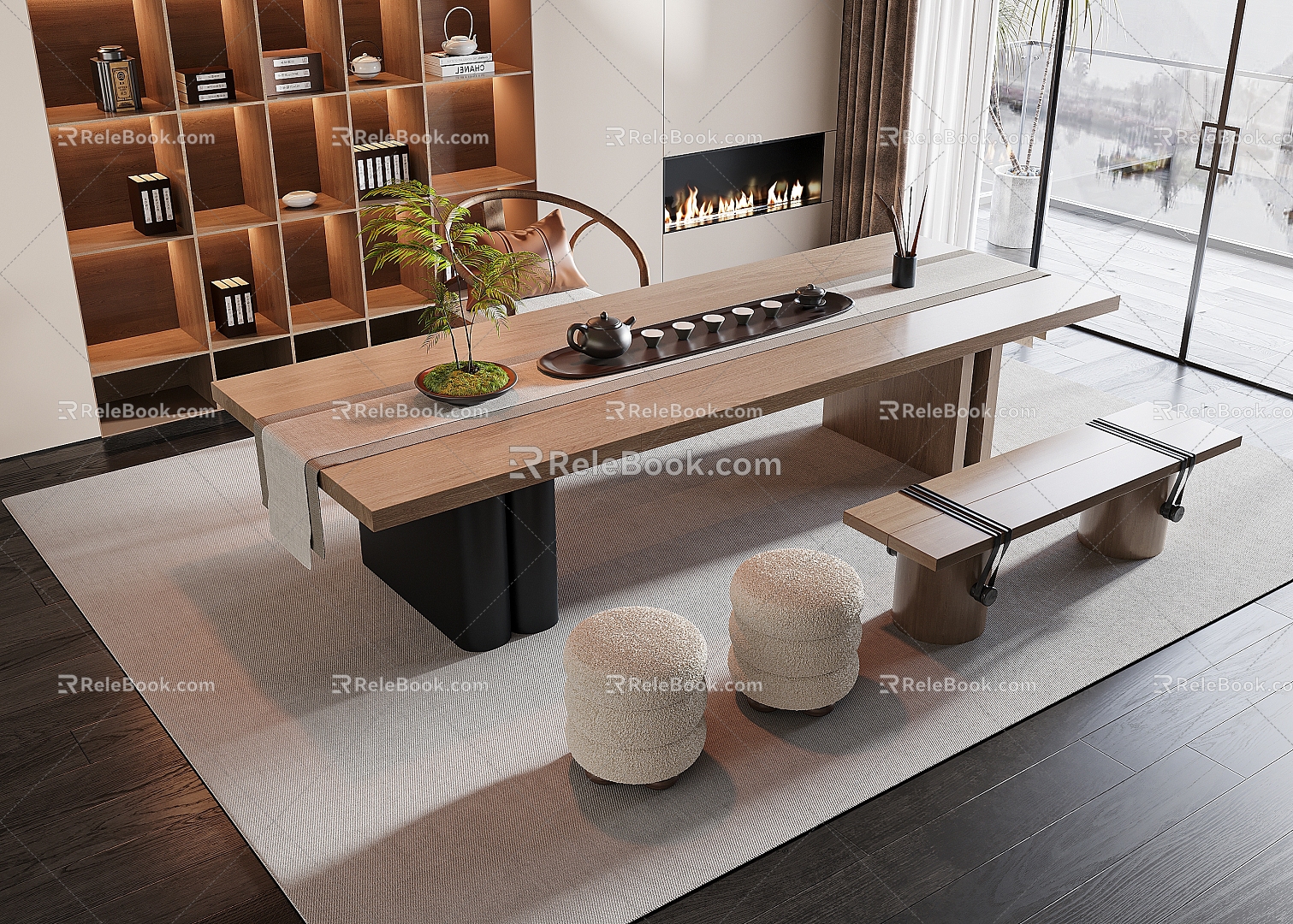 Modern Tea Table and Chair Tea Set Low Stool Bench 3d model