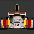 White Red Yellow Striped Racing Car with Shell Flylon Logos Helmeted Driver and Number 12
