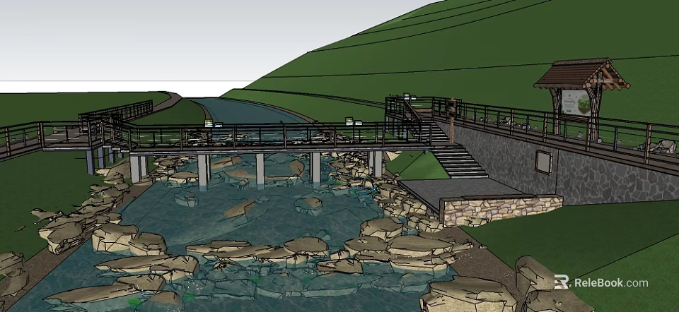 Scenic Bridge With Railing And Staircase Over Stream Rocks And Grass Hillside 3d model