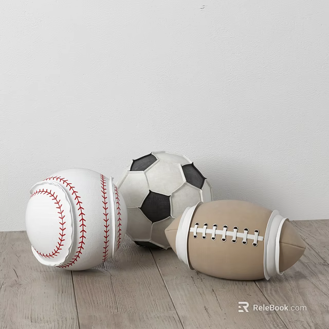 Sports Equipment Collection Featuring Baseball Soccer Ball and Football on Wooden Floor 3d model 