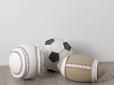 Sports Equipment Collection Featuring Baseball Soccer Ball and Football on Wooden Floor 3d model