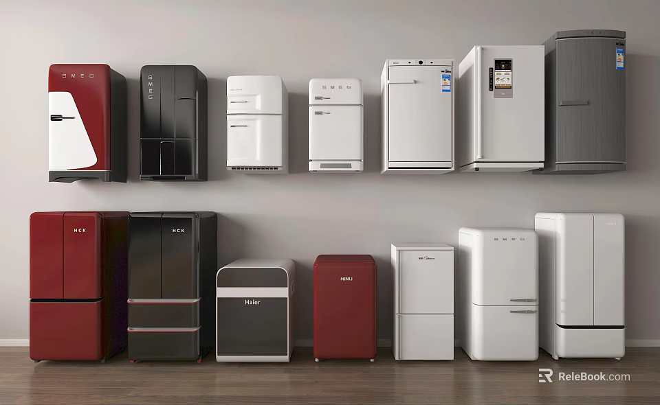 Various Modern Refrigerators and Freezers in Different Colors Arranged Neatly on Wall 3d model 