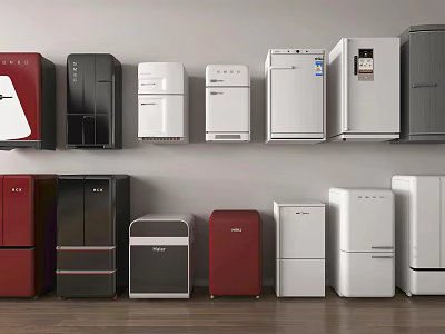 Various Modern Refrigerators and Freezers in Different Colors Arranged Neatly on Wall 3d model