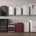 Various Modern Refrigerators and Freezers in Different Colors Arranged Neatly on Wall