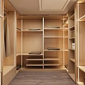 Modern Light Wood Walk In Closet Interior With Shelves And Hangers